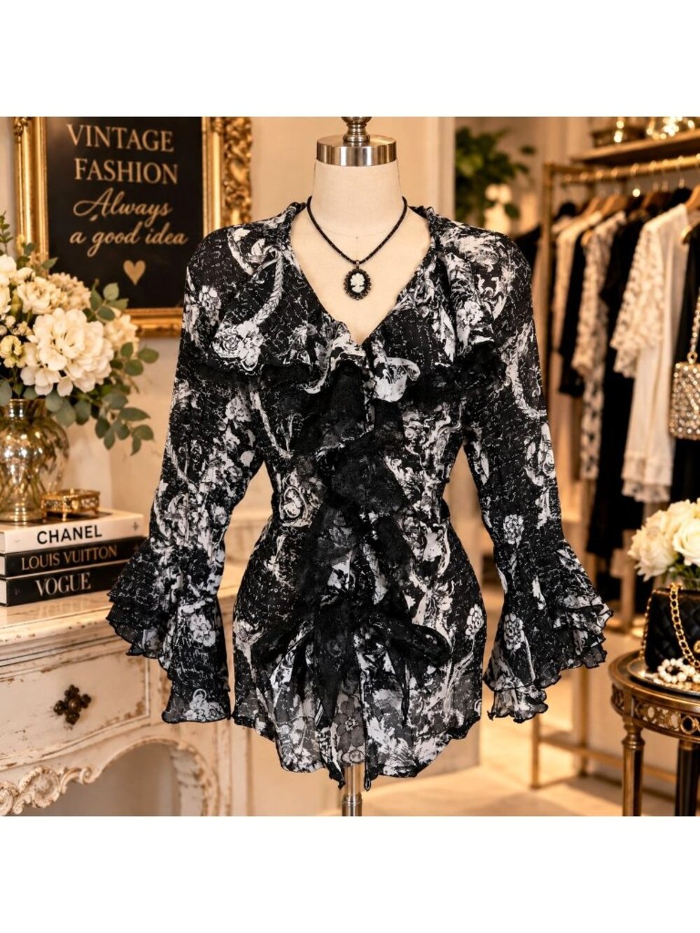Vtg Y2K Ruffle Blouse M Victorian Goth Whimsigoth EGL Lolita Fairy Edwardian